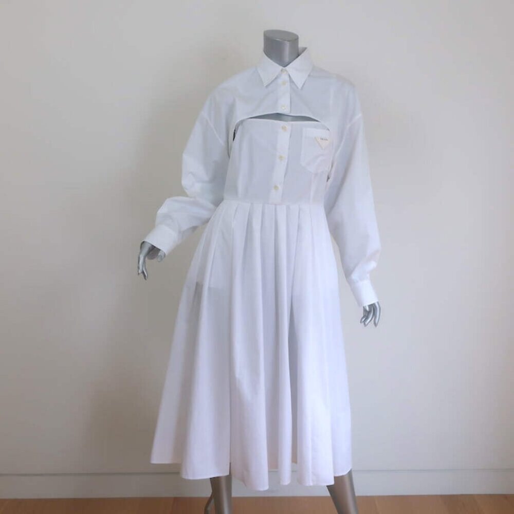 Prada Convertible Pleated Midi Dress White Cotton Poplin Size 40 NEW - Picture 1 of 9